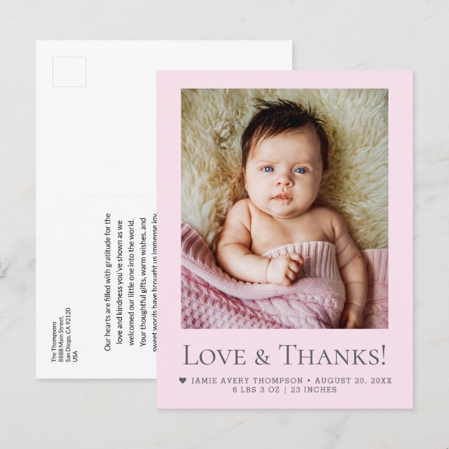Love & Thanks Blush Pink Baby Photo announcement Postkarte (Vorne/Hinten)