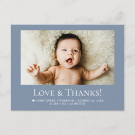 Love & Thanks Dusty blue 1 Baby Photo announcement Postkarte