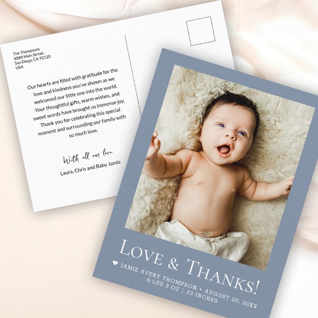 Love & Thanks Dusty blue Baby Photo announcement Postkarte (Custom baby boy photo dusty blue Love and thanks with birth stats, message, names postcard.)