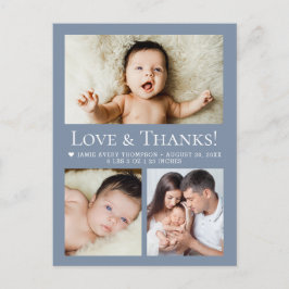 Love & Thanks Dusty blue Baby Photo Collage birth Postkarte