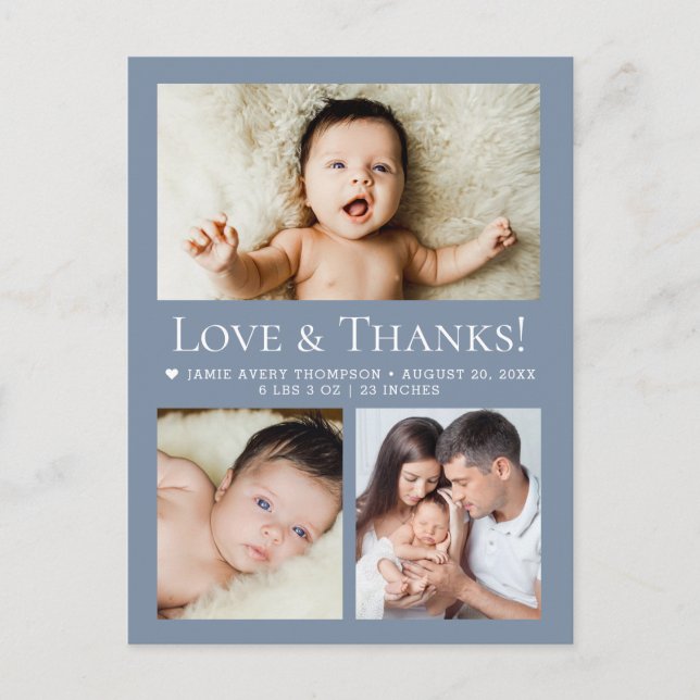 Love & Thanks Dusty blue Baby Photo Collage birth Postkarte (Vorderseite)