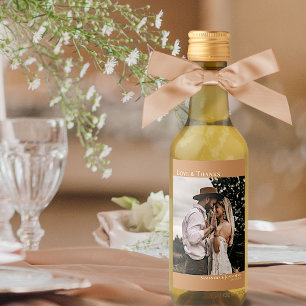 Love & Thanks Golden Tan Wedding Photo Mini Weinetikett