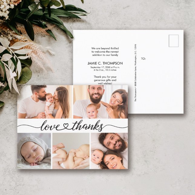 Love & Thanks Multi Photo Baby Birth Announcement  Postkarte (Von Creator hochgeladen)