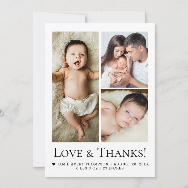 Love & Thanks Photo Collage Birth Announcement Dankeskarte (Vorderseite)