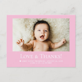 Love & Thanks Pink Baby Photo announcement Postkarte