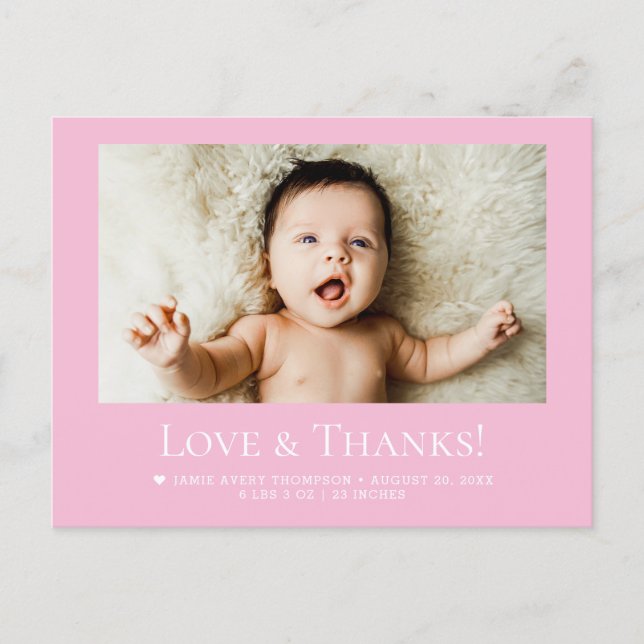 Love & Thanks Pink Baby Photo announcement Postkarte (Vorderseite)