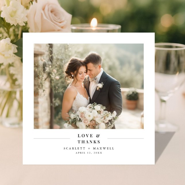 Love & Thanks Simple Modern Wedding Photo Square Dankeskarte (Von Creator hochgeladen)