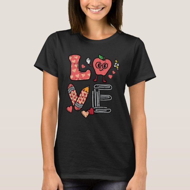 Love Valentines Day Apple Retro School Pre K Teach T-Shirt (Vorderseite)