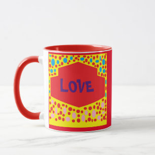 Love-Vögel-Logo auf roten und gelben Punkten Desig Tasse