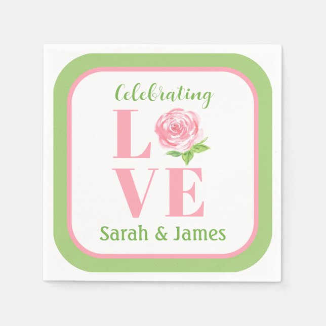 LOVE Wasserfarbe Rose NAME Braut Grün Serviette (Vorderseite)