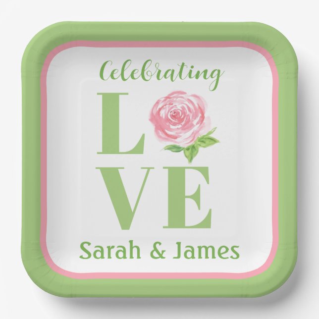 LOVE Watercolor Rose NAME Bridal Green Pink Pappteller (Vorderseite)