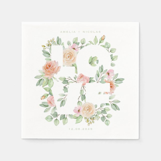 LOVE Watercolor Roses and Greenery Spring Wedding Serviette (Vorderseite)