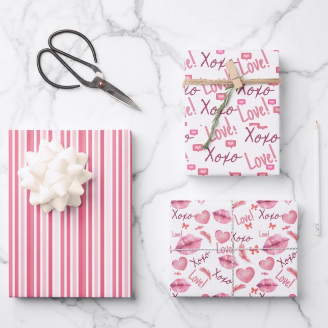 Love Xoxo Heart, lips and stripes pink white Geschenkpapier Set (Vorderseite)