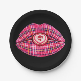 Love Ye Scottish Tartan Kiss Lips Scotland pink Pappteller