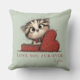 Love You Fur-Ever Cute Cat Sage Green Throw Pillow Kissen
