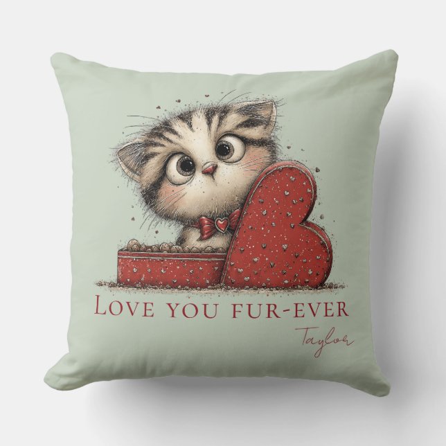 Love You Fur-Ever Cute Cat Sage Green Throw Pillow Kissen (Vorderseite)
