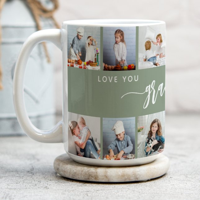 Love You Grandma 12 Photo Collage Sage Green Kaffeetasse (Von Creator hochgeladen)
