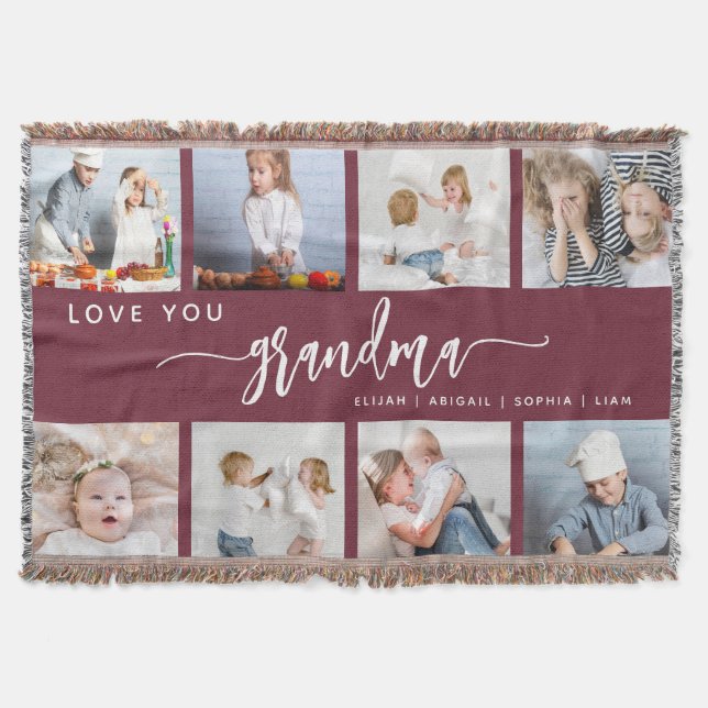 Love You Grandma 8 Photo Collage Burgundy Decke (Vorderseite)