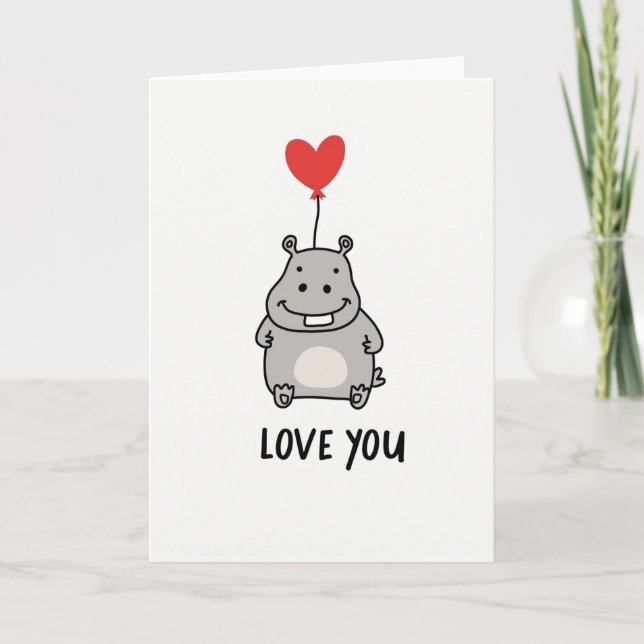 Love You Hippo Heart Balloon Card Karte (Vorderseite)