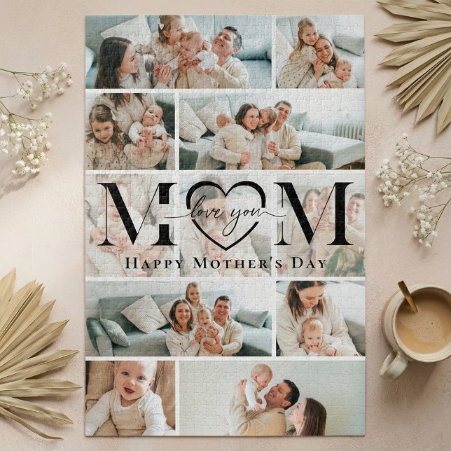 Love You Mom Heart Photo Collage Mother's Day Puzzle (Love You Mom Heart Photo Collage Mother's Day Jigsaw Puzzle)