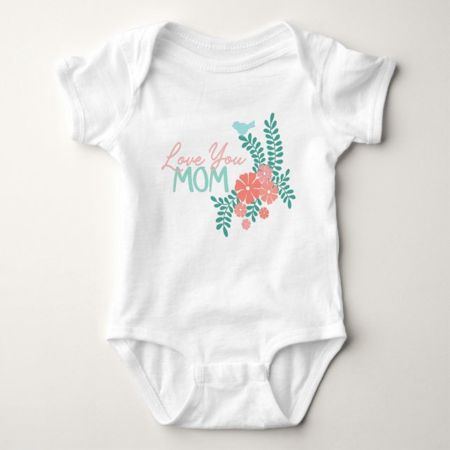 Love you mom text in blue pink floral design baby strampler (Vorderseite)