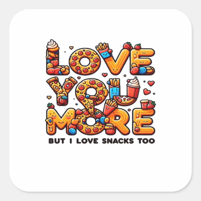 Love You More And Snacks Too Funny Foodie Playful  Quadratischer Aufkleber (Vorderseite)