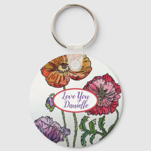 Love You Name Red Poppies Watercolour Key Ring Schlüsselanhänger