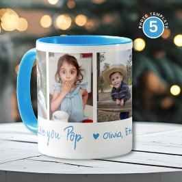 Love You Pop Grandkids Names 5 Photo Collage Blue Tasse