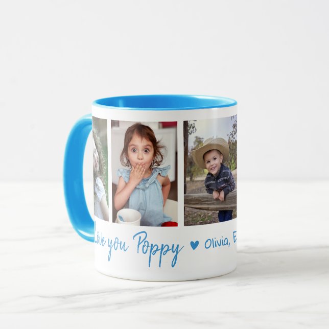 Love You Poppy Grandchildren 5 Photo Collage Blue Tasse (Vorderseite Links)
