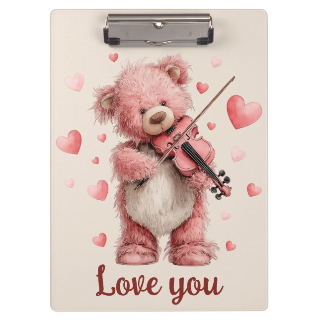 Love You Teddy with Violin Klemmbrett (Vorderseite)