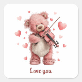 Love You Teddy with Violin Quadratischer Aufkleber