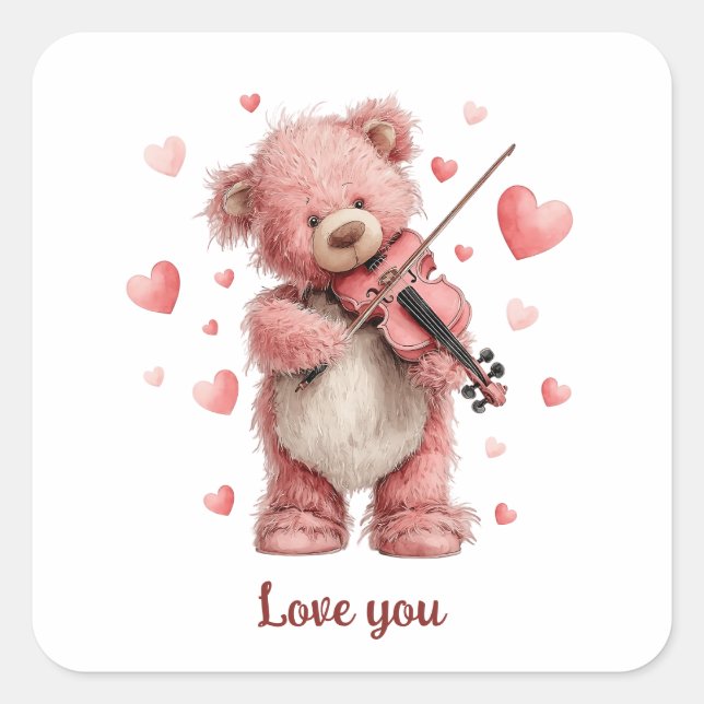 Love You Teddy with Violin Quadratischer Aufkleber (Vorderseite)