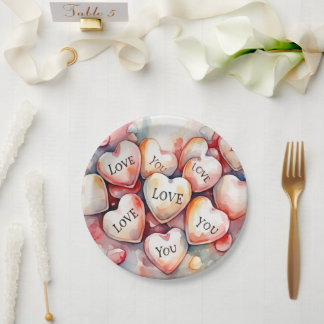 Love You watercolor hearts Wedding Party Decor Pappteller