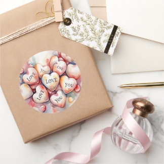 Love You watercolor painting hearts birthday gift Runder Aufkleber