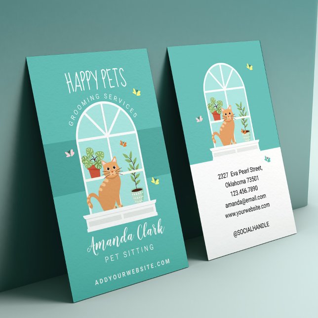 Loveable Happy Cat on Window Sill Pet Sitzen Visitenkarte (Loveable Happy Cat on Window Sill Pet Sitting Business Card)