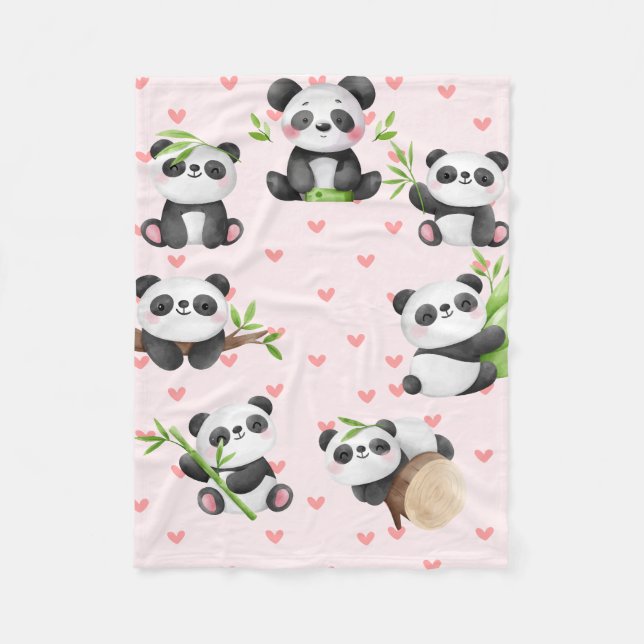 Loveable Pandas & Heart Pattern Fleecedecke (Vorderseite)