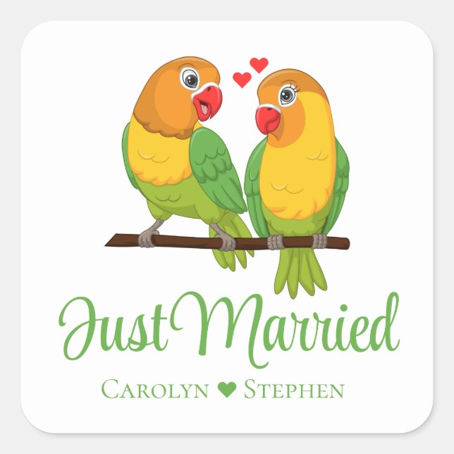 Lovebird Gelbe Liebesvögel nur verheiratet Hochzei Quadratischer Aufkleber (Vorderseite)
