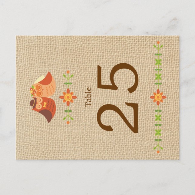 Lovebird Owls auf Burlap Wedding Tischnummer (Vorderseite)