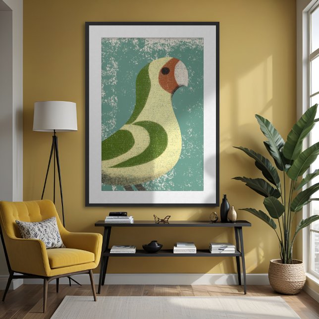 Lovebird Paprot Minimalistisch Textur Moderne Gelb Poster (Minimalist lovebird parrot poster in midcentury modern style. Green and yellow with organic textures)