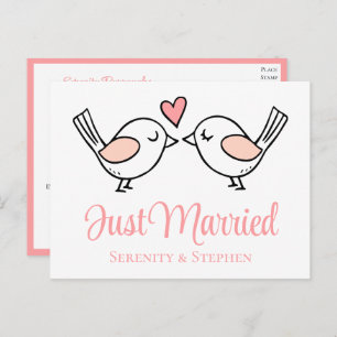 Lovebird Pink Love Birds Just Married Wedding Ankündigungspostkarte