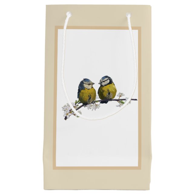 Lovebirds auf einem Kirschblütenbeige Kleine Geschenktüte (Vorderseite)