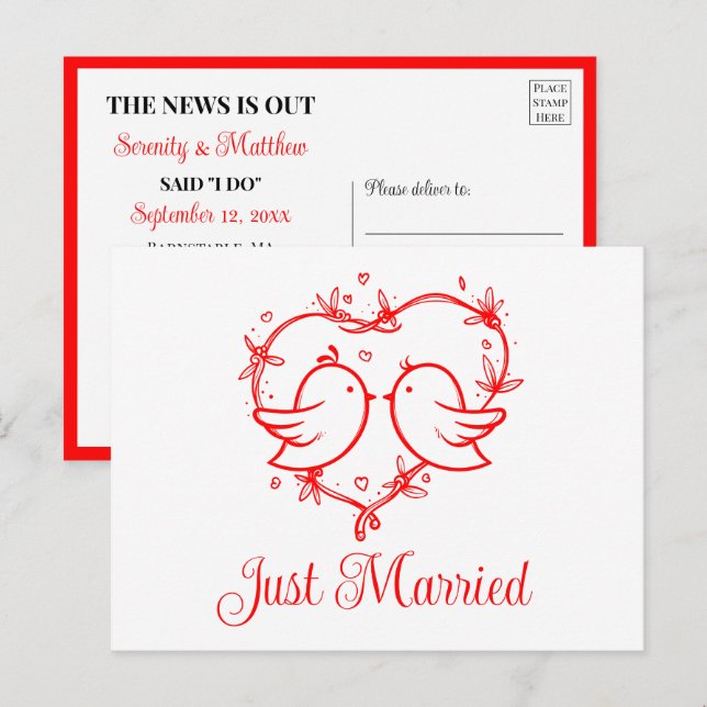 Lovebirds Boho Red Love Heart Just Married Wedding Ankündigungspostkarte (Vorne/Hinten)
