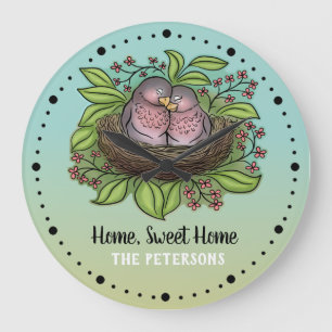 Lovebirds Couple in Nest Home Sweet Home Große Wanduhr