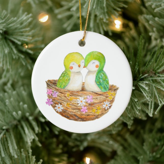 Lovebirds Couple's First Christmas Together Custom Keramik Ornament (Baum)
