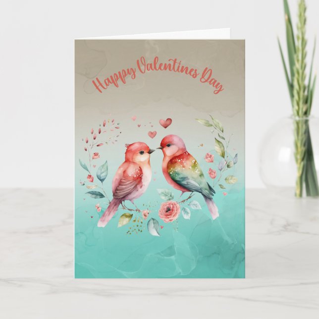 Lovebirds in Bloom: Glücklicher Valentinstag Karte (Vorderseite)