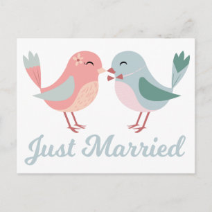 Lovebirds Pink & Blue Just Married Wedding Ankündigungspostkarte