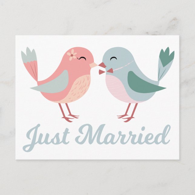 Lovebirds Pink & Blue Just Married Wedding Ankündigungspostkarte (Vorderseite)