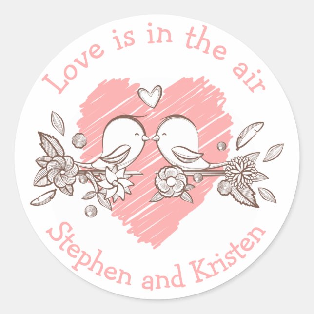 Lovebirds Pink Heart Wedding Personalisierte Liebe Runder Aufkleber (Vorderseite)