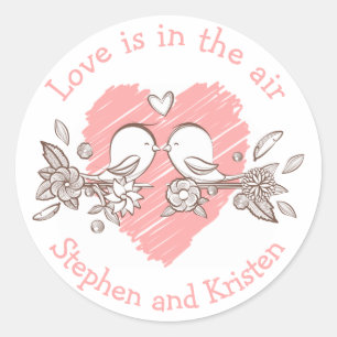 Lovebirds Pink Heart Wedding Personalisierte Liebe Runder Aufkleber