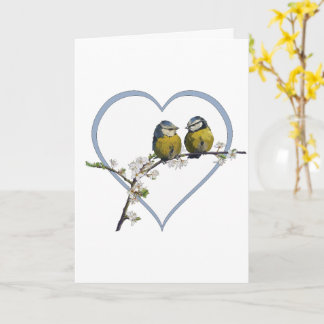 Lovebirds sitzen auf einem Kirschblütenherz Karte